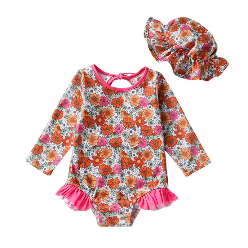 

Toddler Girls Ruffles Sun Flower Print Long Sleeve Swimsuit Beachwear Cute Bathing Suit with Zipper