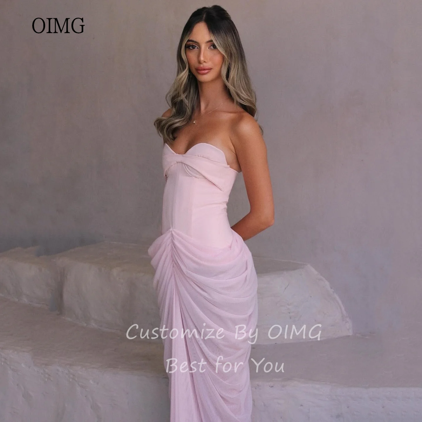 OIMG Sexy Pink Mermaid Prom Gowns Strapless Pleated Party Gown Floor Length Evening Dress vestidos de gala Customized image 4