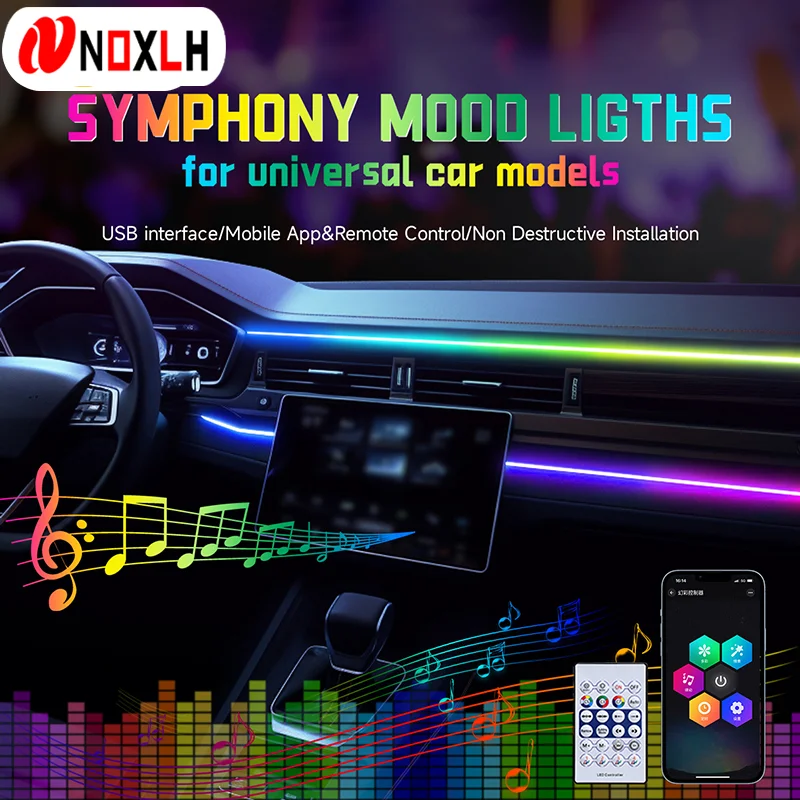 RGB USB Car Interior Ambient Light Rainbow Acrylic Strip LED Symphony APP Music Control Decorative Dashboard Atmosphere Lamp