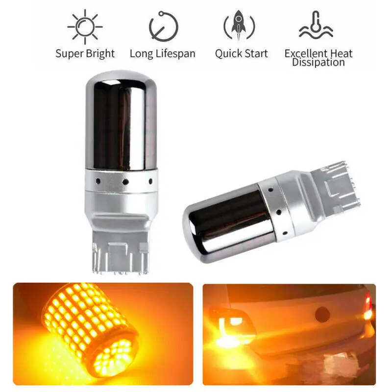 2Pcs Chrome 7440 T20 144SMD Amber Canbus Error Free LED Lamp Bulb Turn Signal Light