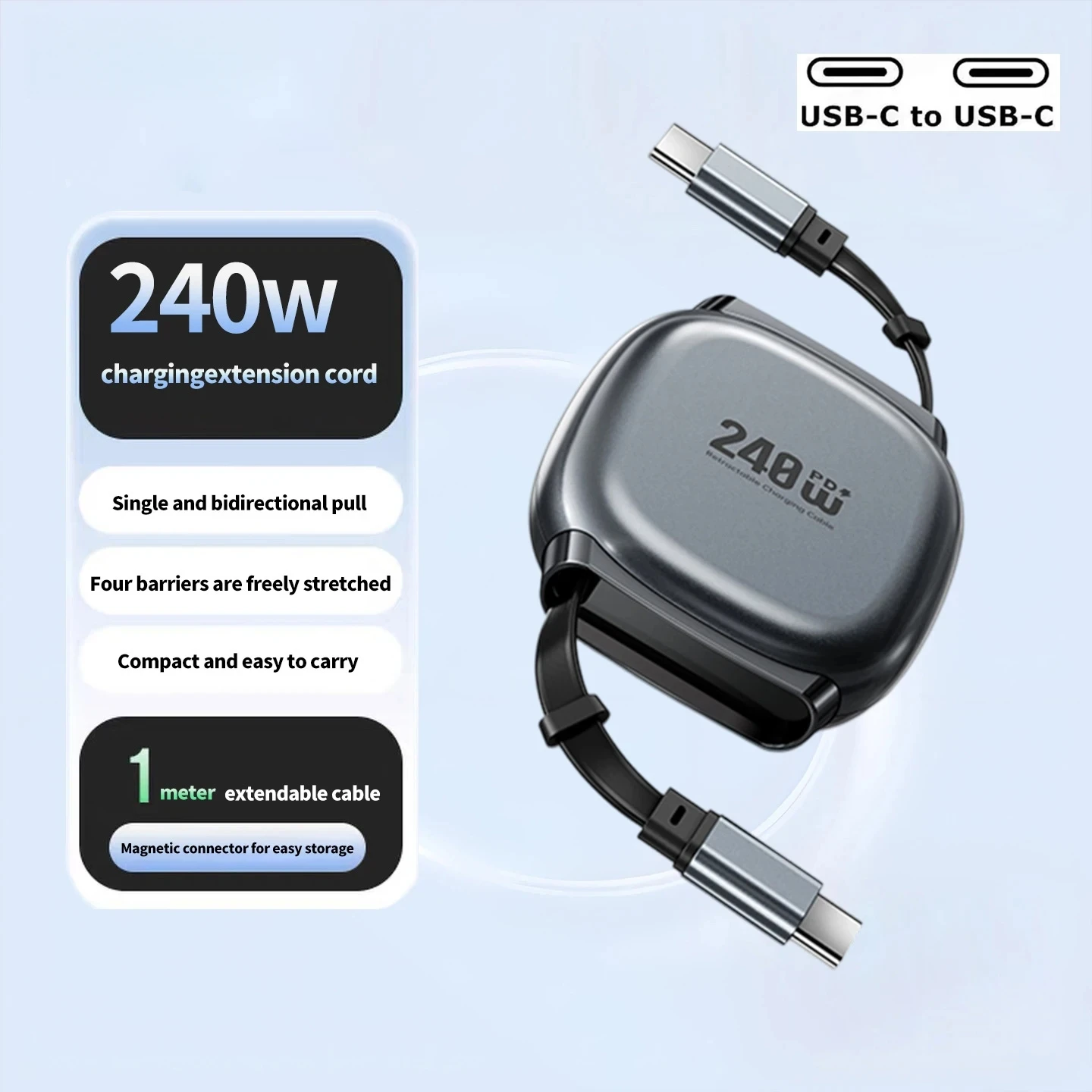 

240W Retractable Fast Charging Cable USB C To C Auto Coiling for Travel Charging Phone Tablet Laptop for IPhone Samsung Huawei