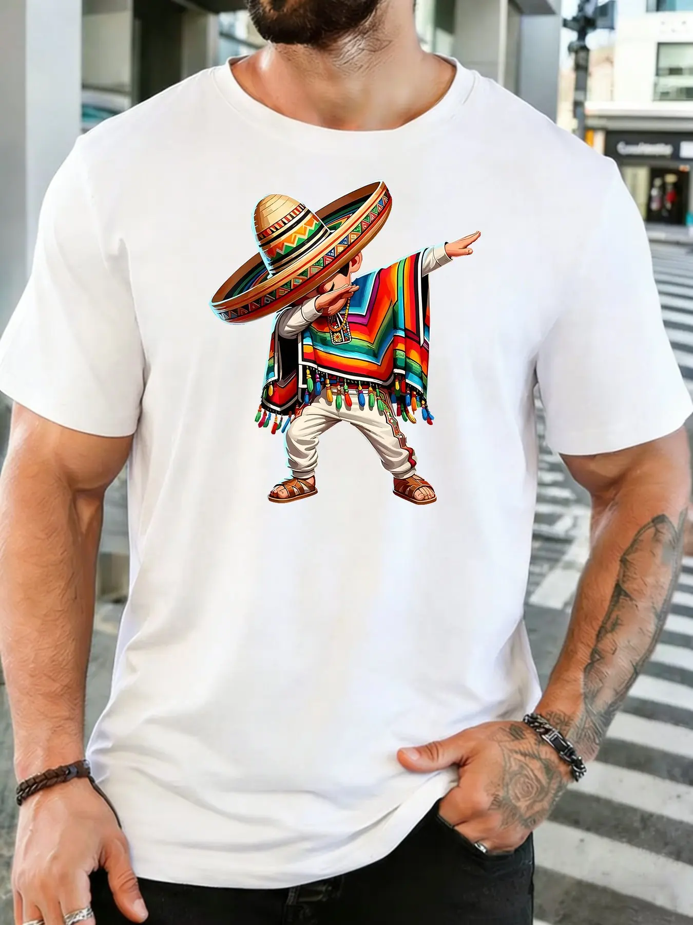 Men Cotton Crew Neck T Shirt Dabbing Mexican Man Sombrero Poncho Cartoon Print Fiesta Culture Casual Short Sleeve Male Daily Top