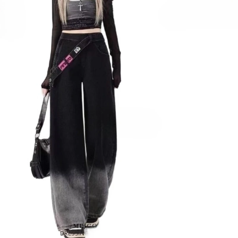 Side Zipper Design Sense Black Gradual Change Jeans Women's Spring Summer New High Waist Straight Loose Wide Leg Trousers Tide
