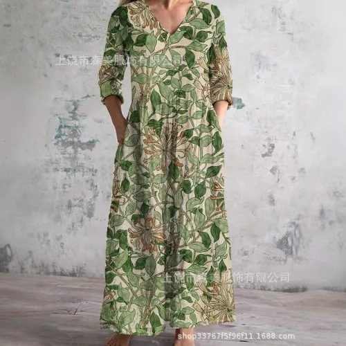 

Print V Neck Women Dress Long Sleeve Dresses Spliced High Waist Ankle Length Vestidos Loose Pockets Slight Strech Summer