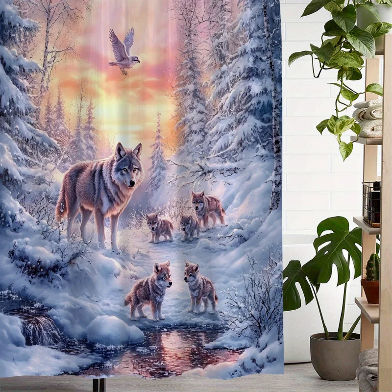 One piece of retro winter wolf pine snow ground print waterproof shower , with 12 hooks Curtain for Windows