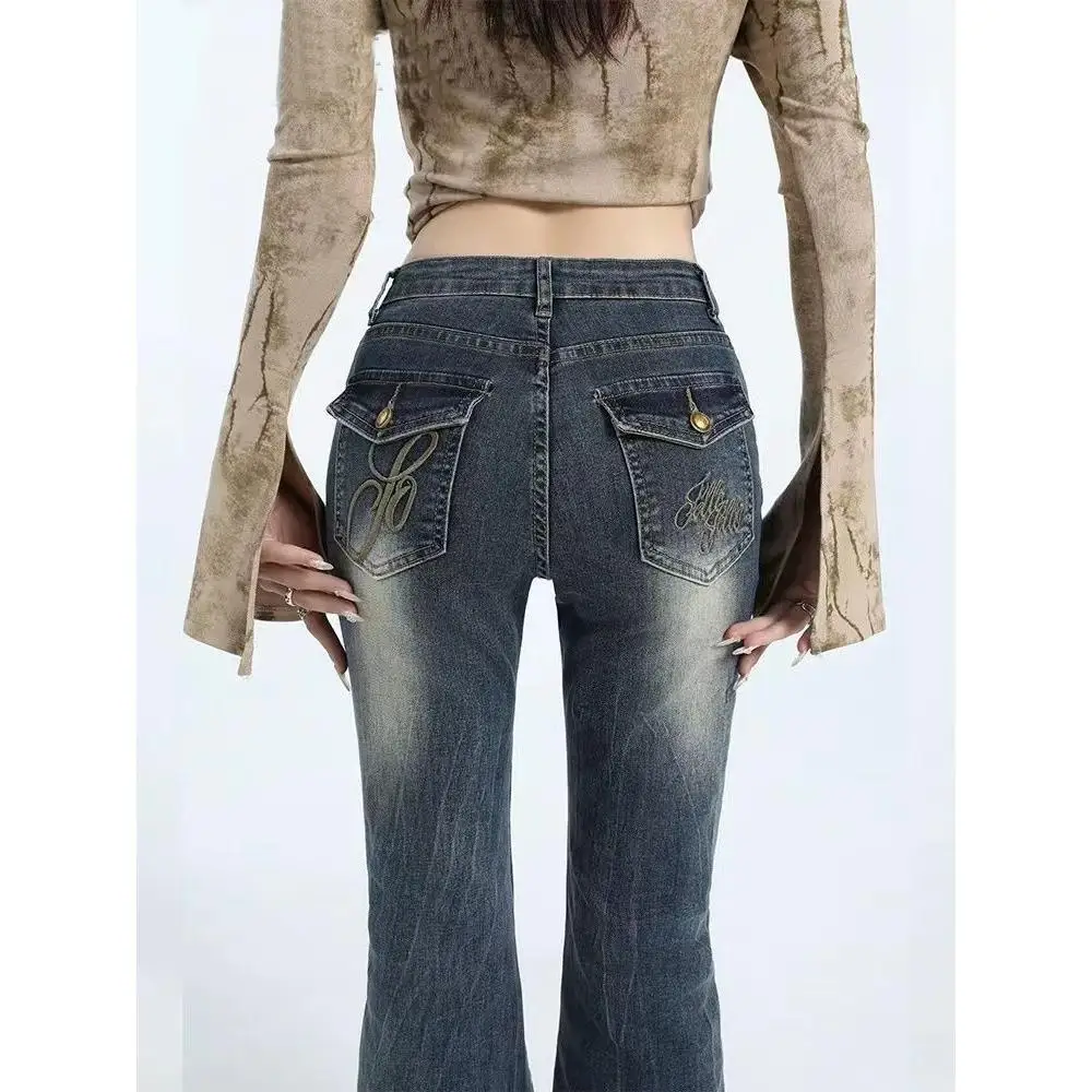 

American Style High Waist Frayed Women's Jeans Summer New Slimming Elastic Spicy Girl Hoof Pants Casual Cotton Pol...