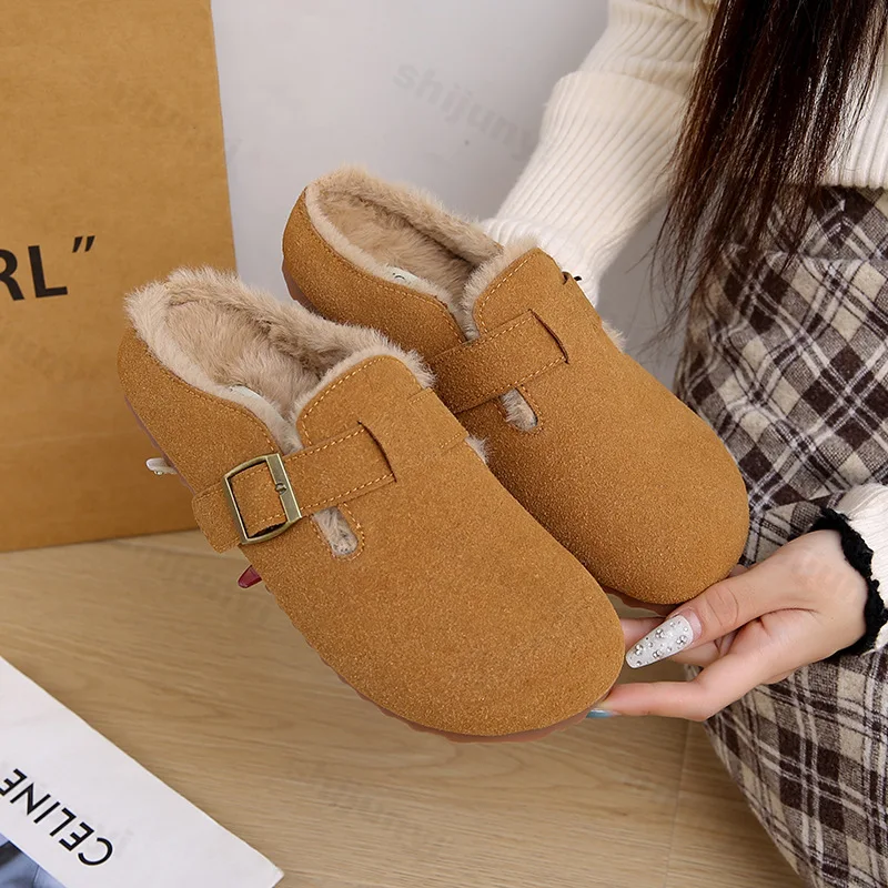 2025 New Suede Leather Slippers Women Plush Outdoor Closed Toe Mule Clogs Shoes Ladies Warm Cotton Garden Flat Sole Slippers