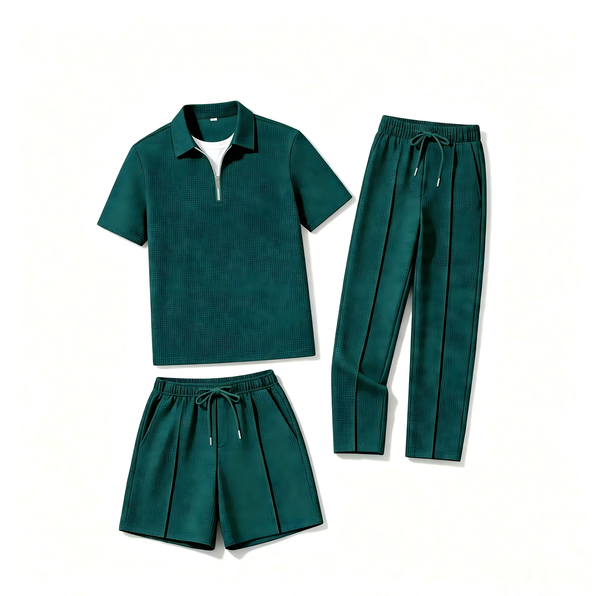 Men Summer Waffle Knit 3-Piece Outfit, Half-Zip Polo with Long Pants & Shorts in Two Styles, Daily Casual & Outdoor Wear - view 2