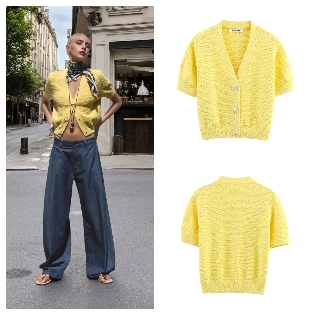 

Женская вязаная куртка с v-образным вырезом и короткими рукавами, украшенная пуговицами в форме звезды, модный топ в европейском и американском стиле