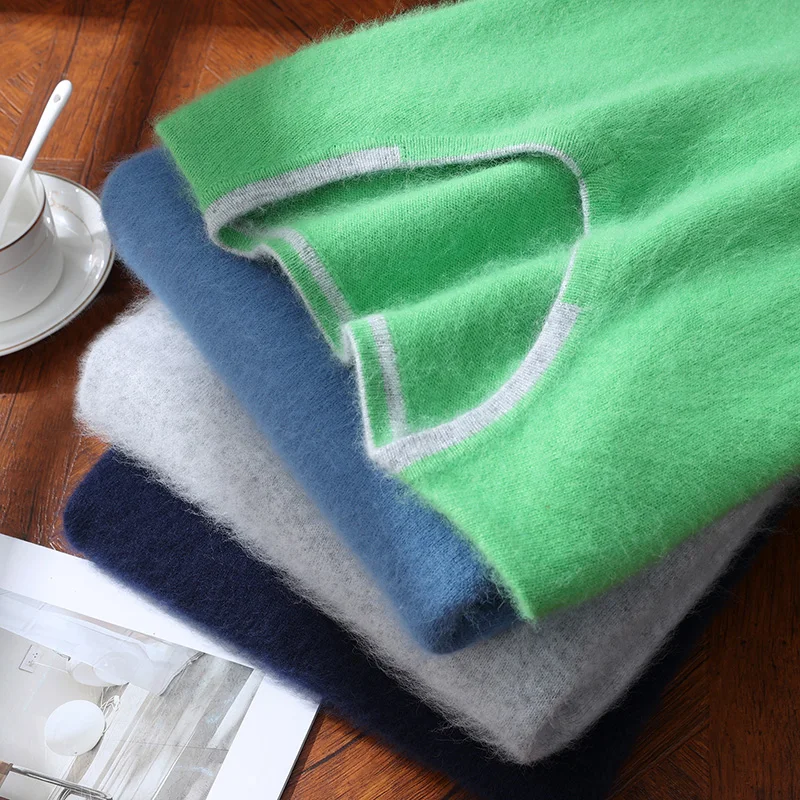 Autumn And Winter New Color Matching Men's V-neck Mink Wool Sweater Business Knitting Loose Bottoming 100% Mink Cashmere Sweater