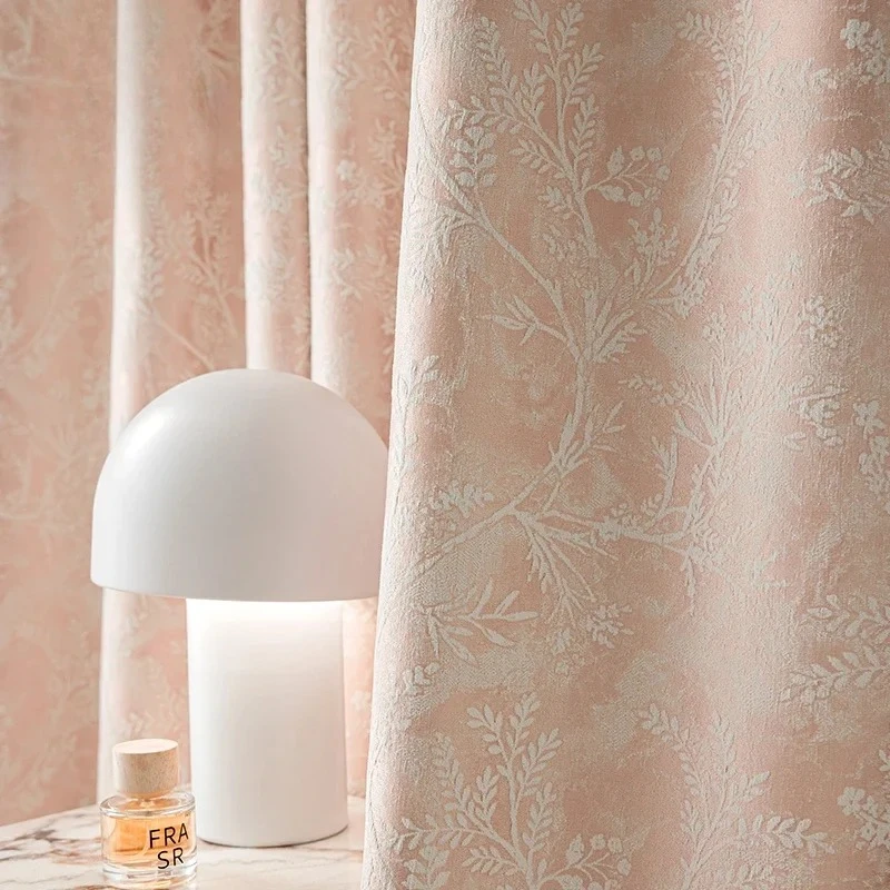 French Romantic Pink Flowers Flocked Chenille Jacquard Curtains for Living Room Bedroom French Window Customized