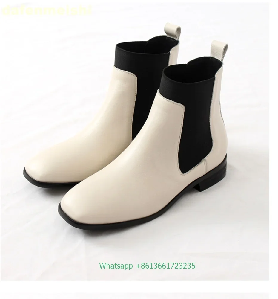 

Women Genuine Leather Chelsea Ankle Boots Stretch Fabric Slip On Fashion Office & Career Boots 2025 Winter Flats Heels Boots