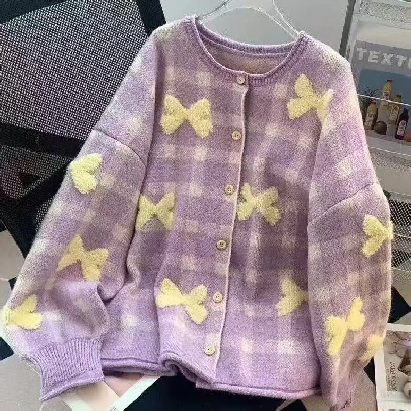 

Plush Bow Grid sweater Korean Version Autumn Winter New Contrasting Color Long Sleeved Jacket Loose Round Neck Knitted Cardigan
