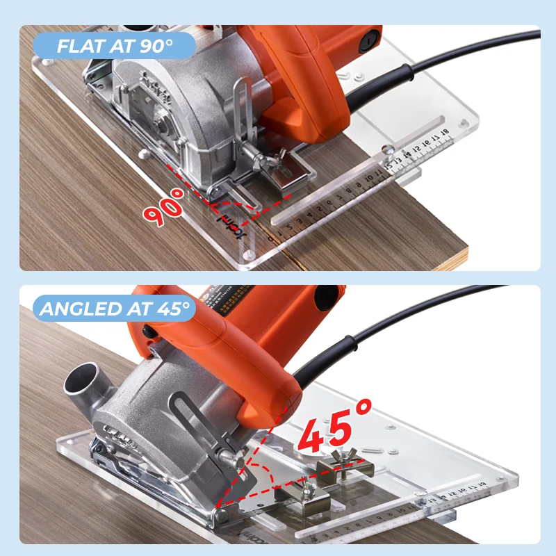 The 8mm thickened acrylic cutting base plate can be used as a small tool table or as an adjustable backer for trimming machines