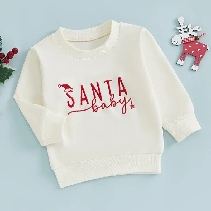 Toddler Boy Girl Christmas Sweatshirt Letter Hat Embroidery Long Sleeve Round Neck Pullover Tops Baby Clothing