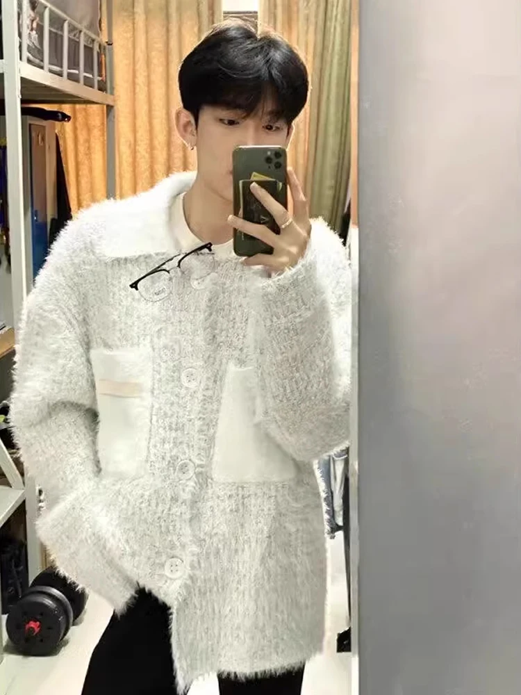 

Thiened Knitted Sweater Coat Men's Autumn Winter Warm Lazy Sle High-End Feel Open Cardigan Turn-down Collar Sweater