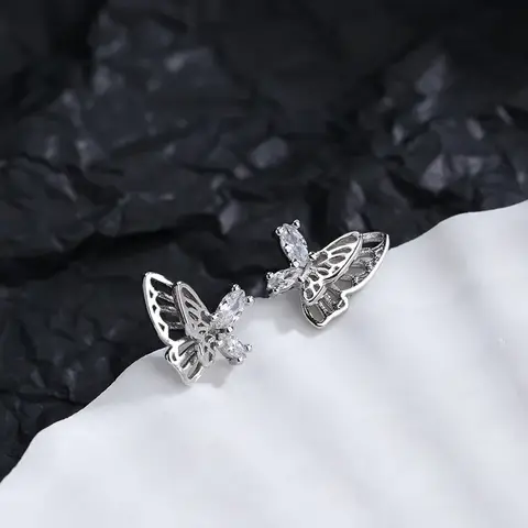 CIAXY 여성용 925 스털링 실버 나비 귀걸이, 3D 디자인 지르콘 더블 레이어 윙 스터드 귀걸이, 피어싱 쥬얼리