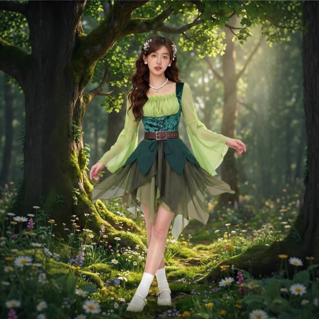 Disfraz de elfa medieval verde para mujer, vestido mágico de elfa y cinturón con alas, disfraces de cosplay para Halloween y carnaval, disfraz de elfa