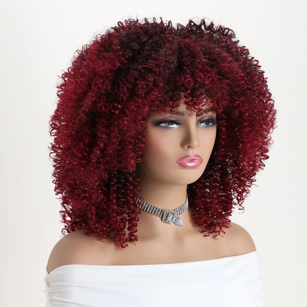 Pelucas sintéticas rizadas cortas de 16 pulgadas para mujeres negras, peluca roja de vino degradado rojo profundo suave con flequillo adecuada para disfraces de uso diario