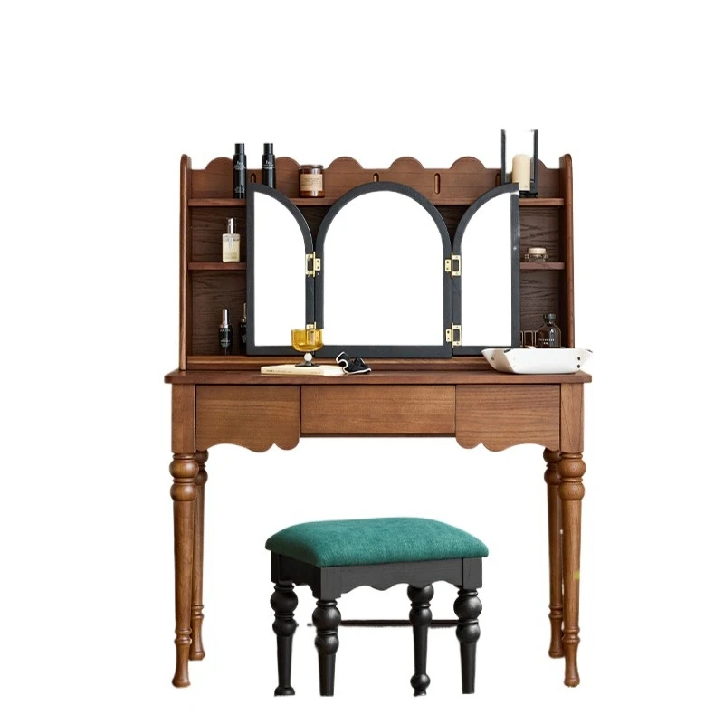 

French retro solid wood dresser triple folding vanity mirror removable bedroom small apartment