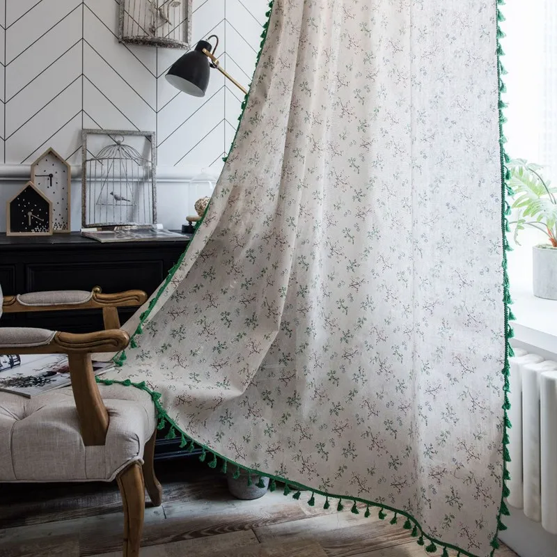 

American Style Cotton Linen Small Floral Printing Green Tassel Window Curtain Semi-shading Drapes Living Room Bedroom Kitchen