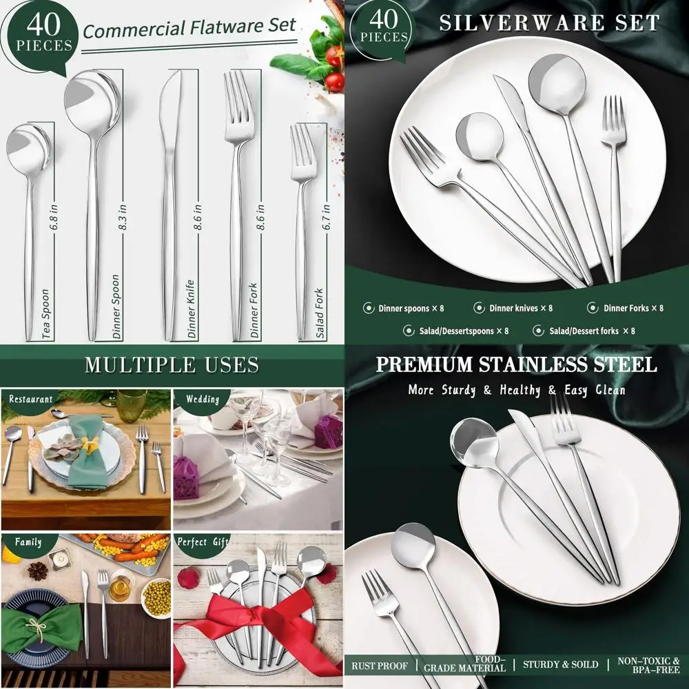 

8-Person Stainless Steel Silverware Set: Mirror Polished Cutlery with Knife, Spoon, Fork, Dishwasher Safe for Home, Hotel, Weddi