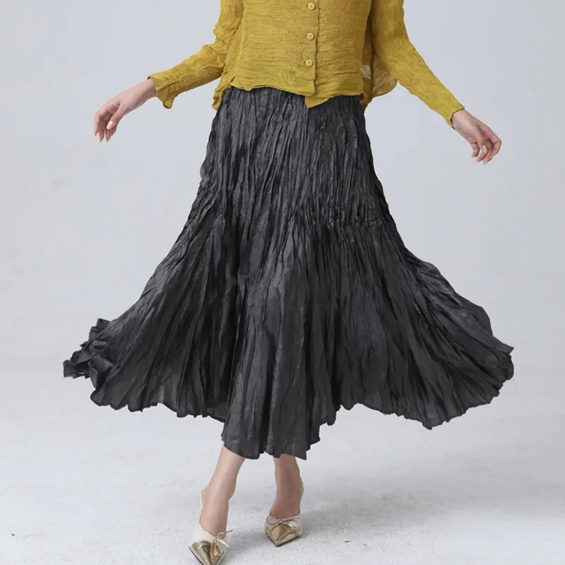 Miyake Elegant Drape Crumpled Skirts Women Elastic Waist Big-Hem Long Skirts Large Size Loose Umbrella Skirts Female Streetwear