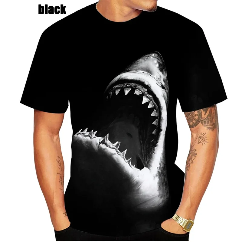 Camisetas de talla grande con estampado 3D de animales del océano, camisetas informales a la moda con cuello redondo, camisetas de calle de manga corta, camiseta de tiburón Horrible para hombres