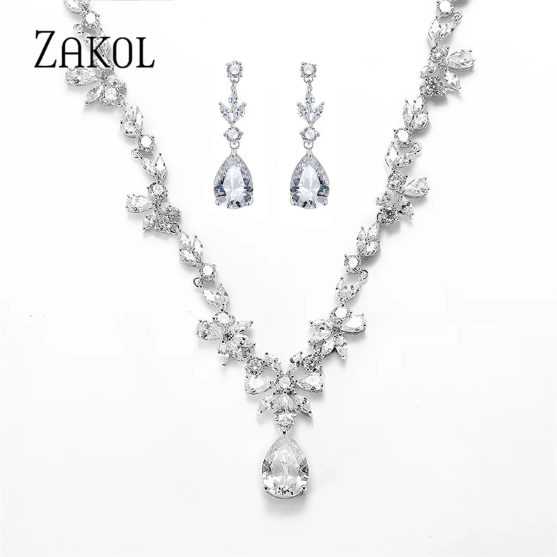 ZAKOL Luxury Sliver Color Leaf Bridal Wedding Jewelry Sets for Women Shinny Cubic Zircon Earrings Neckalce Set