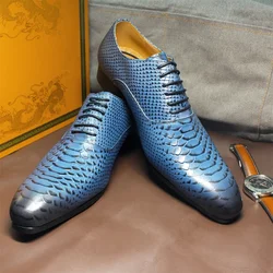 Daniel Wafer Luxury Man Genuine Leather Shoes Snake Skin Prints Formal Black Blue Lace Up Pointed Toe Oxford Dress Shoes for Men