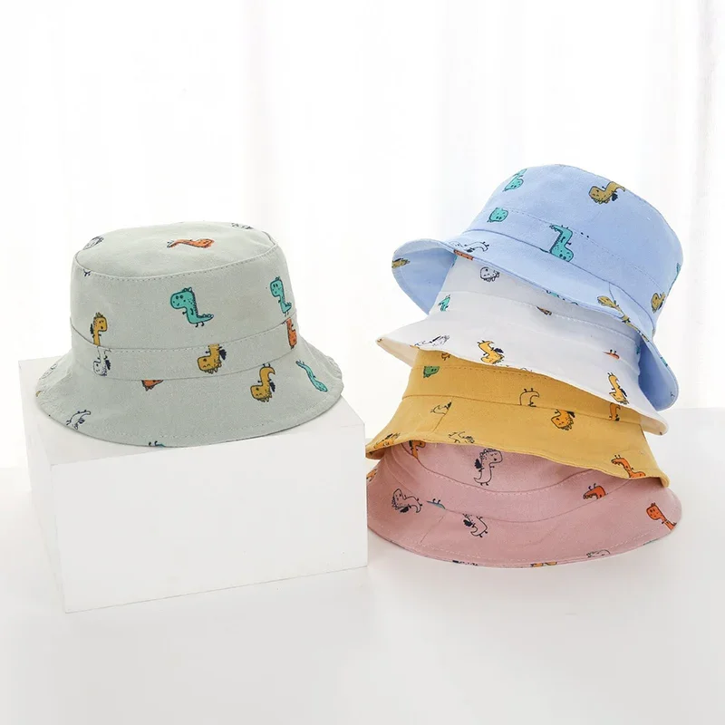 Cute Dinosaur Print Baby Bucket Hat Cartoon Solid Color Fisherman Cap for Toddler Boy Girl Summer Wide-brim Kids Panama Hats