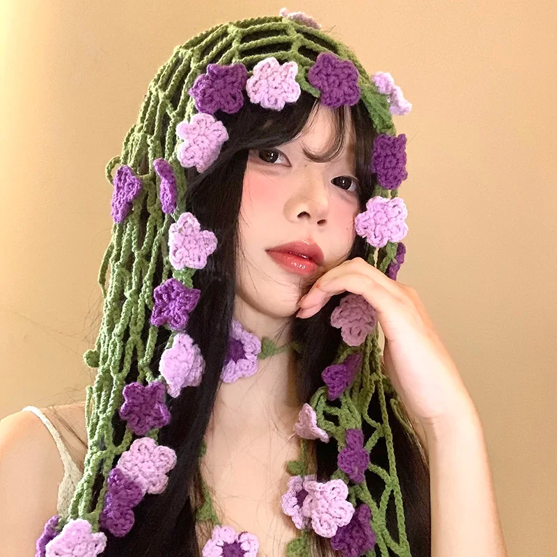 

Корейский вязаный вручную цветок треугольный платок повязка на голову женский летний пасторальный стиль отпуск вязаный пояс уплотнитель аксессуары