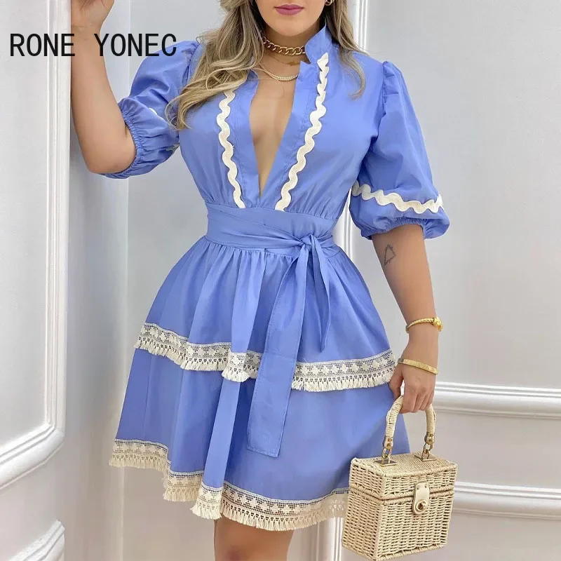 

Women Chic Stand V Neck Lace Hem Sashes A-line Mini Half Puff Sleeves A-line Casual Lace Tassel Dresses