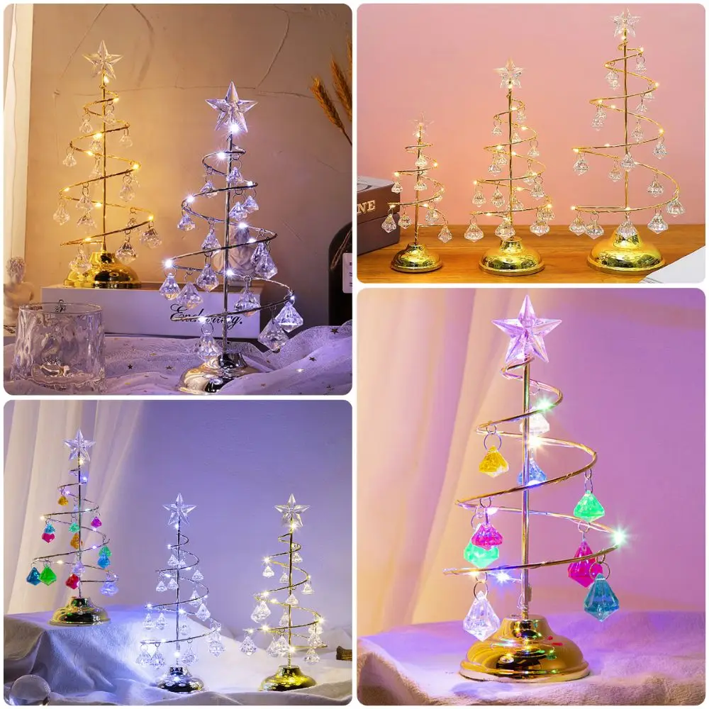 Crystal Pendant Christmas Tree Lamp 3 Size Optional Multicolor Night Light Electroplated Iron LED Luminous Desk Lamp