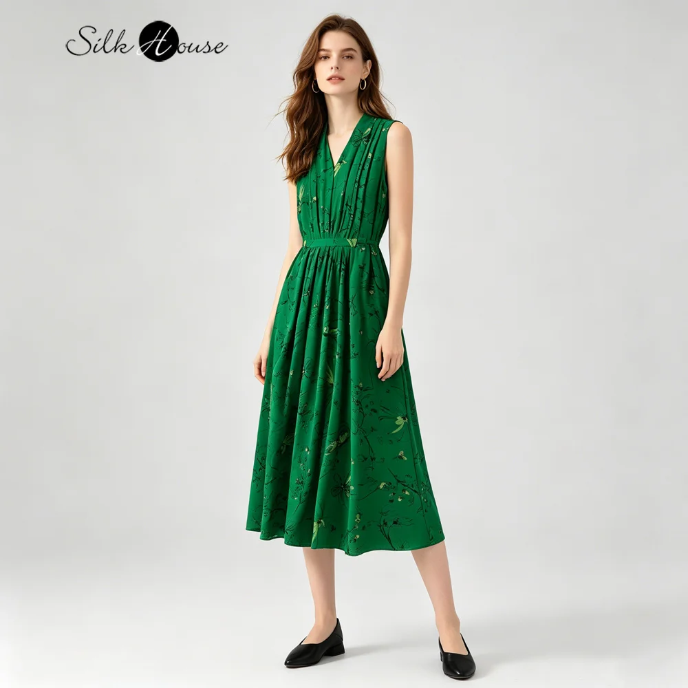 Damen Sommerkleid aus 100% Natürlicher Maulbeerseide Crepe de Chine in Grün mit Feiner Pinselarbeit, Urlaubsstil, V-Ausschnitt