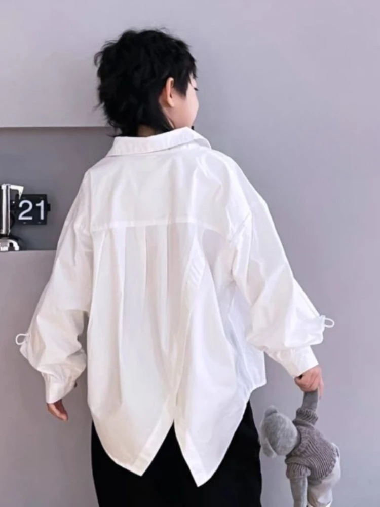 Boys Irregular Hem Long Sleeve Shirt Spring Autumn Korean Style Casual Loose Fit Button Up Top Trendy Streetwear
