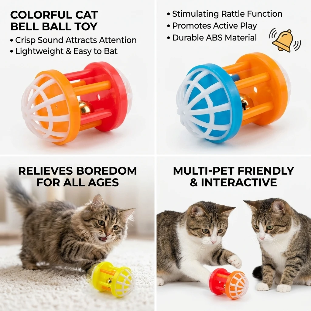 Interactive Cat Bell Ball Toy Colorful Pet Stress Relief Durable Lightweight Abs Plastic Kitten Rolling Toy For Boredom Anxiety