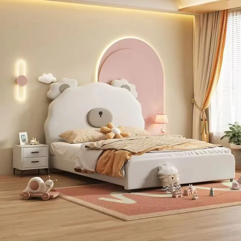 Cartoon Bear Ear Upholstered Kids Bed, Solid Wood Frame Children Bed for Boys Girls Modern Bedroom Home Furniture