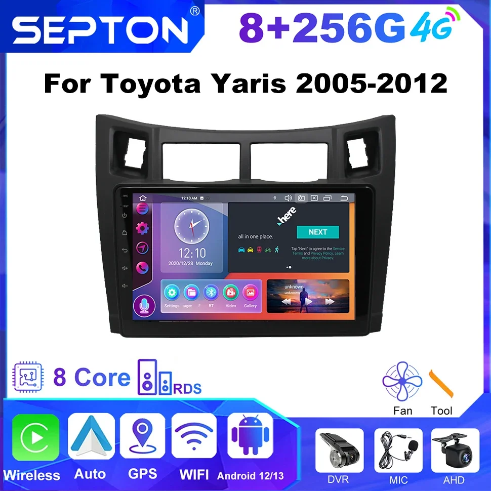 

SEPTON 8-ядерный автомобильный радиоприемник Android для Toyota Yaris 2005-2012, мультимедийный плеер CarPlay Navi, стерео GPS 4G 8 + 256G WIFI 2Din