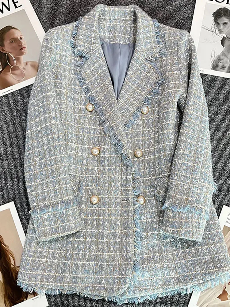 High-quality Temperament Tweed Women Jacket 2023 Autumn Long Sleeves Double Breasted Blazer Female Fashion Elegant Suit Coat