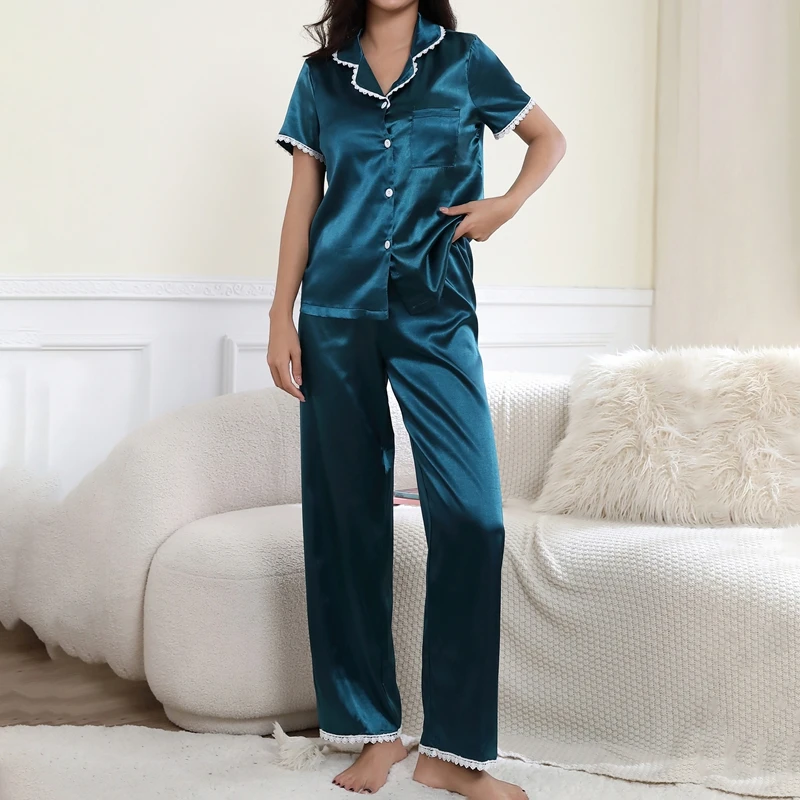 Satin Pajamas For Women Floral Print Short Sleeve Button Down Tops Pajama Pants Pj Set Soft Loungewear Pyjama Femme Home Clothes