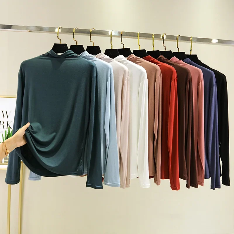 T-shirt z długim rękawem z golfem damski jesienny najniższy t-shirty topy jednolity, slim fit swetry koszulki w stylu casual koszule koszulki bazowe