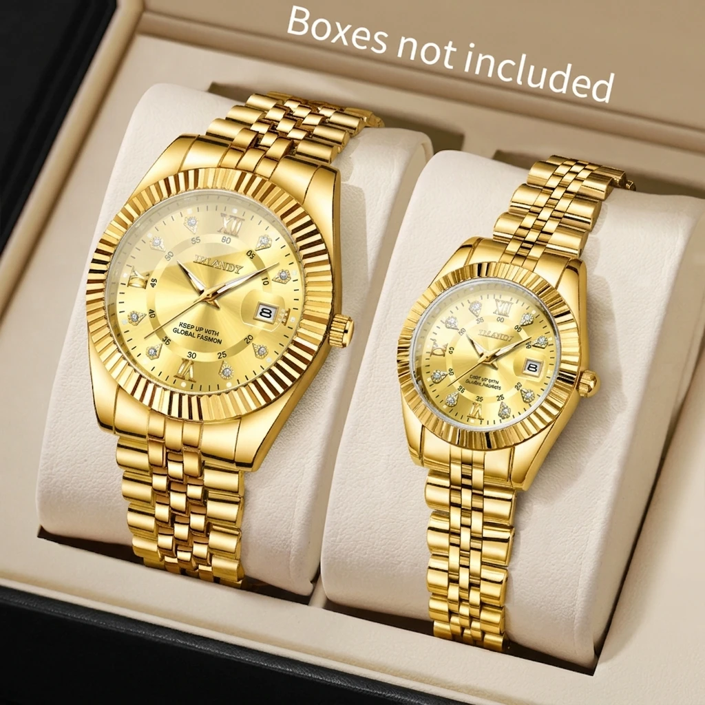2PCS Fashion Couple's Watches Set Luxury Rhinestone Women Quartz Watch Steel Band Men Calendar Business Wristwatch（Without Box）
