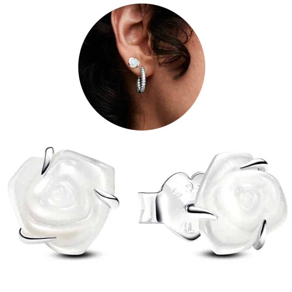 Silver 925 Rose in Bloom Flowers Open Rings Exquisite Rose Ring Earrings for Women Shiny Flower Fine Jewelry Gift