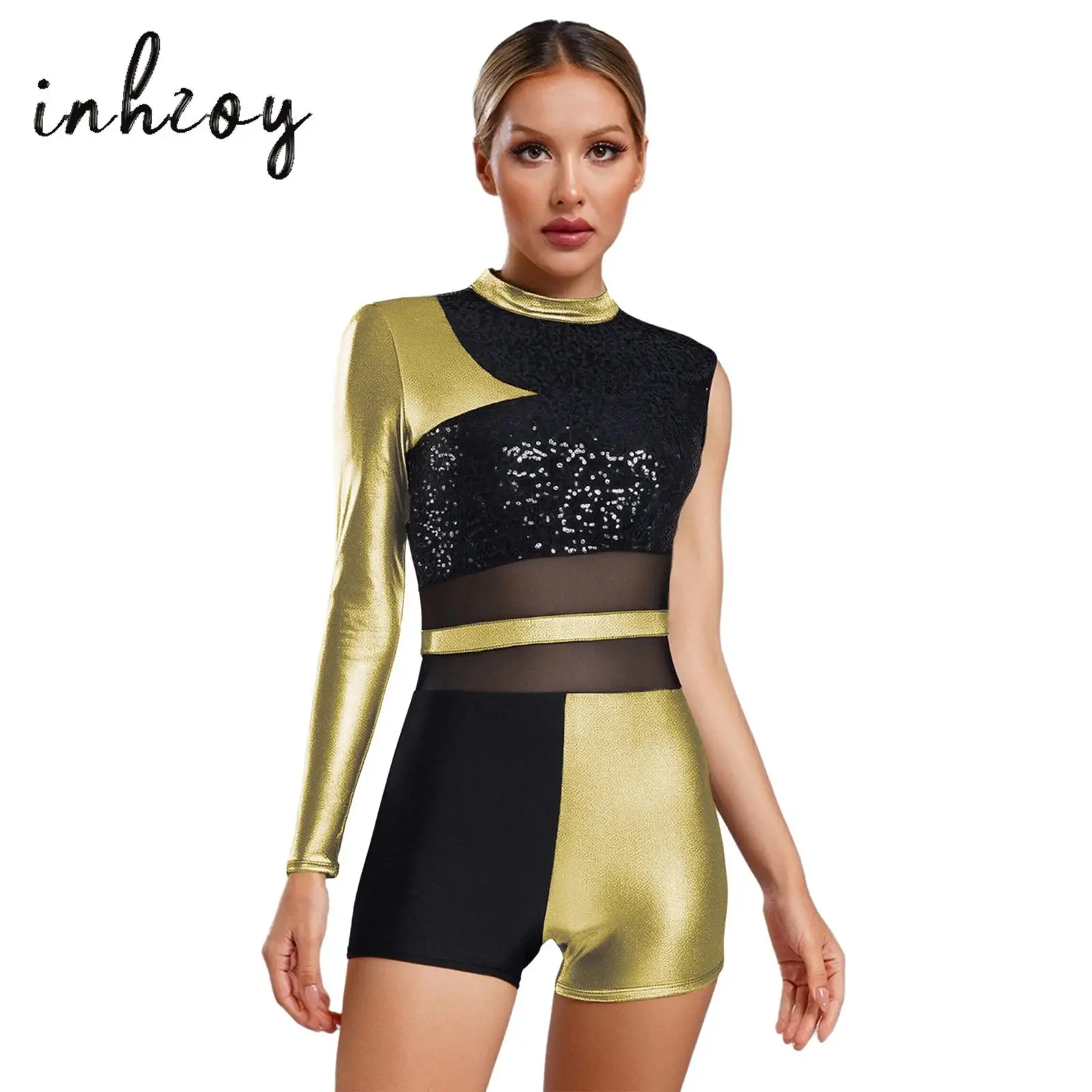 

Womens Latin Dance Jumpsuit Boyshort Glittery Sequins Metallic Shiny Asymmetrical Leotard Chacha Jazz Ballet Ballroom Dancewear