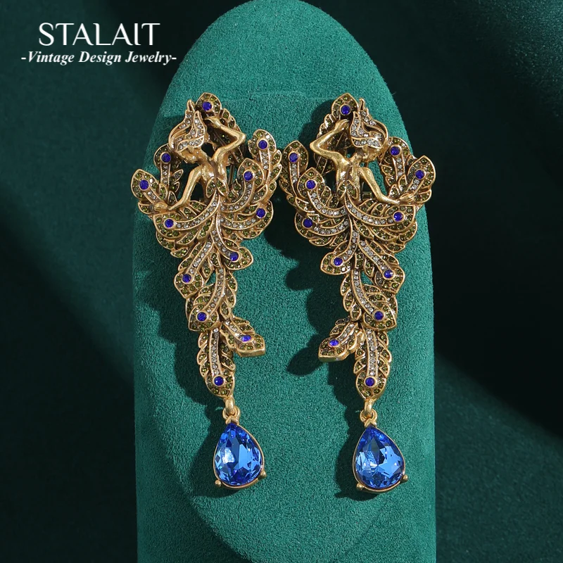 

Long Rhinestones Ballet Girl Feather Dress Blue Earrings Luxury Water Droplet Crystal Stone Jewelry Woman 2025 Fashion Trends