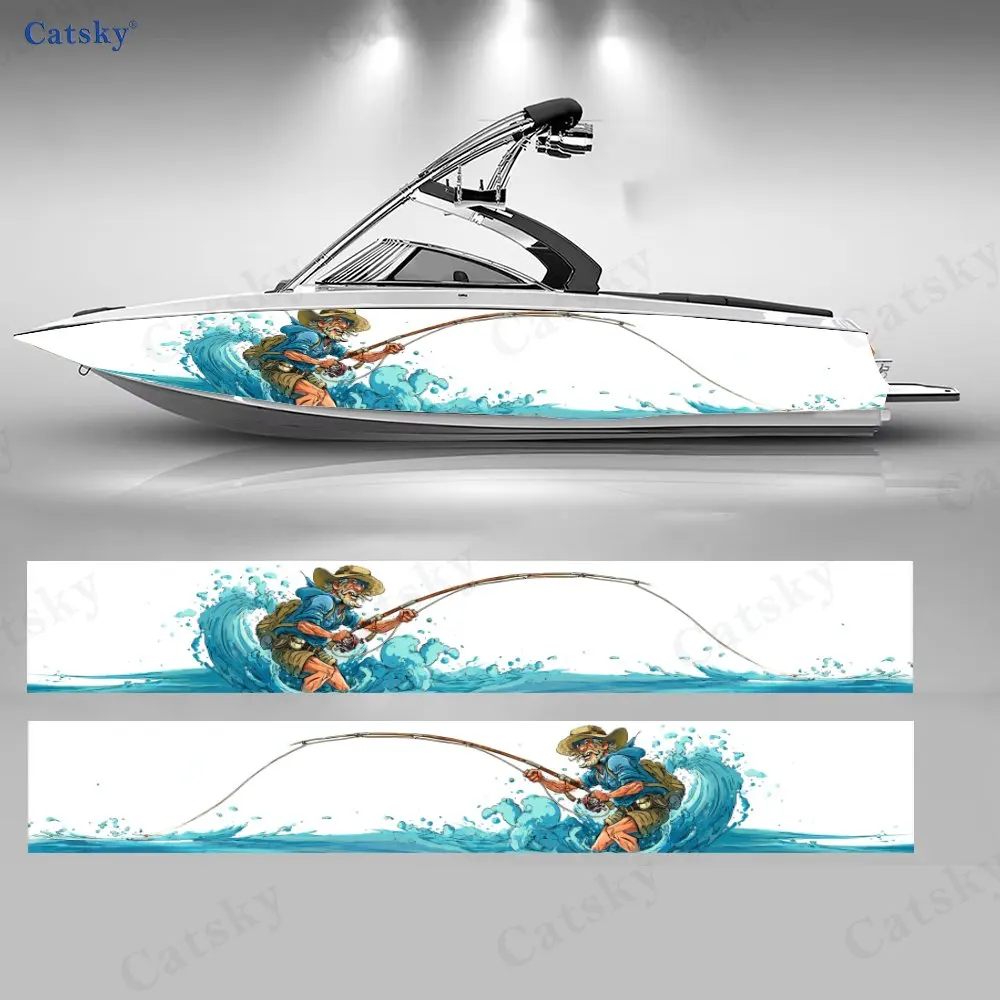 American Comic Style Wave Fishing Boat Stickers, PVC Waterproof Vinyl Wrap Decals for Fishing Boats, Durable and Stylish Design
