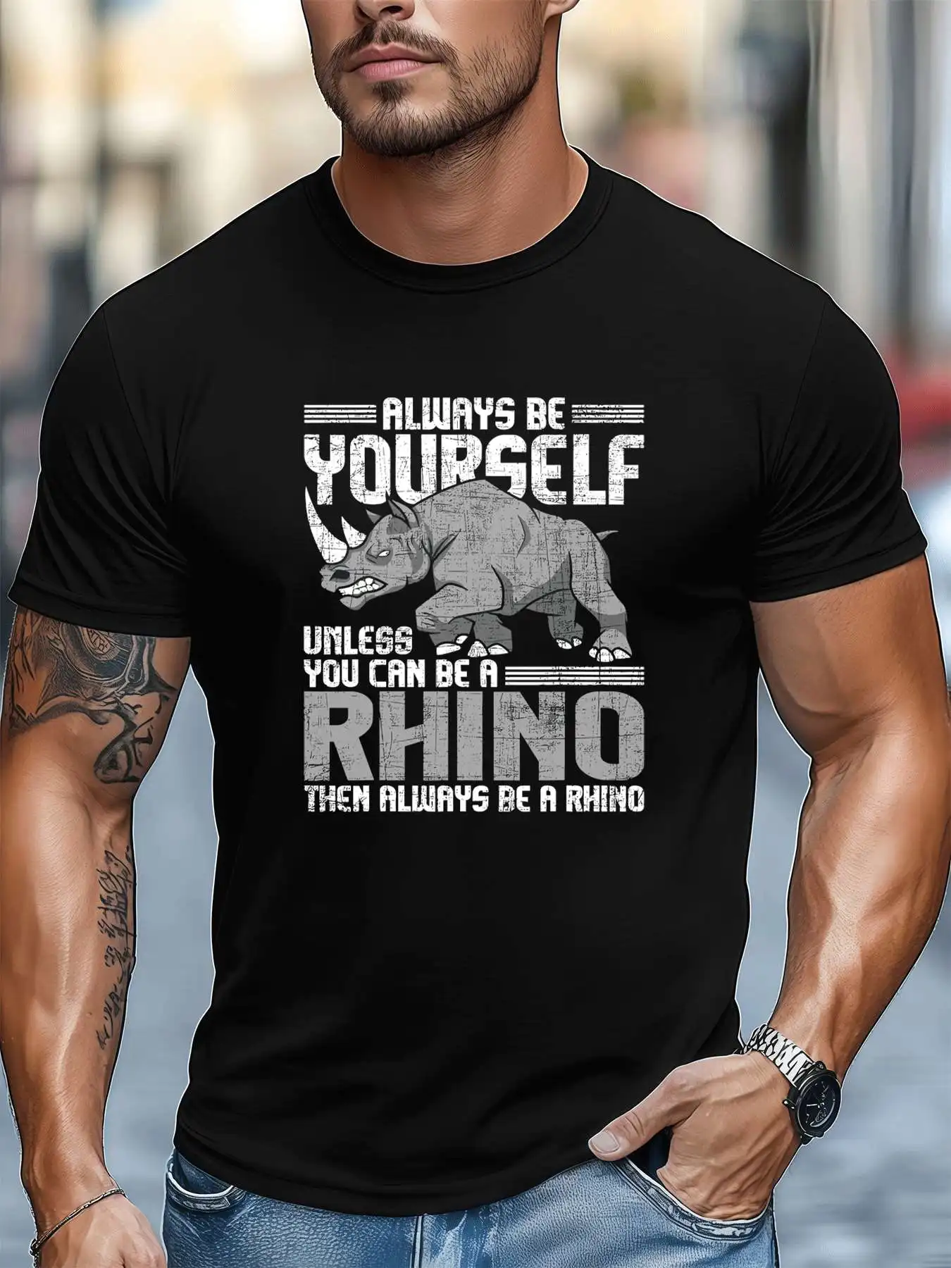 

Rhino Graphic Design Men's Tee Men's 220gsm New Summer Casual Crew Neck Pure Cotton Short-Sleeved T-Shirt