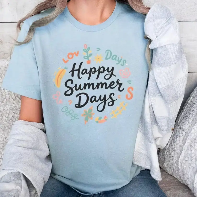 

Y2K Women‘s Clothes Cotton Casual T-Shirt Crew Neck Graphic Tees Street Wear Colorful Cute Letter Print Happy Summer Day