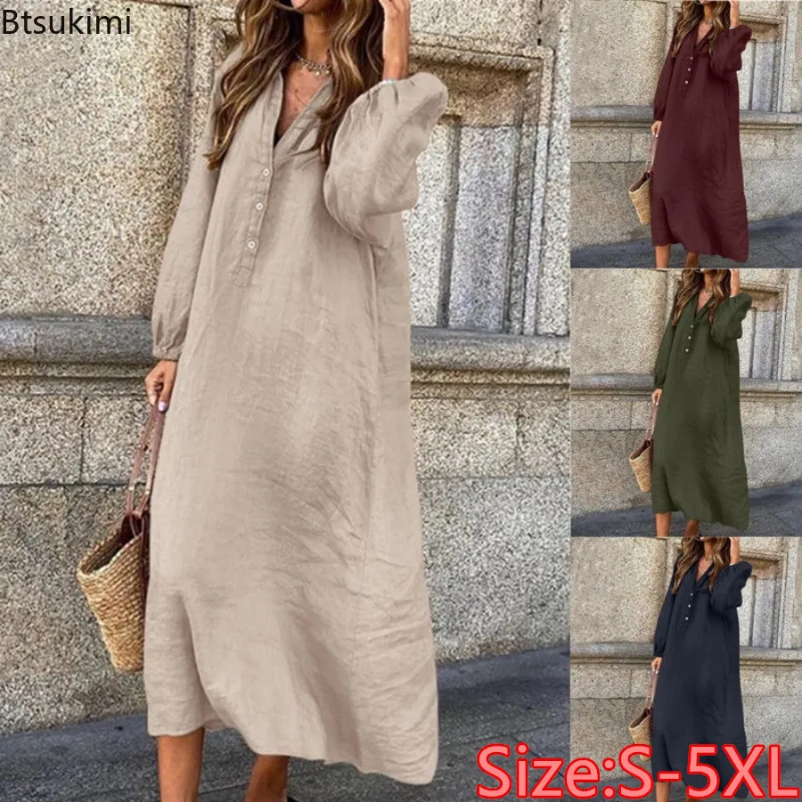 

2024 New Women's Solid Long-sleeved Cotton Linen Casual Dresses Fashion V-neck Button Loose Dress Female Plain Daily Long Skirts